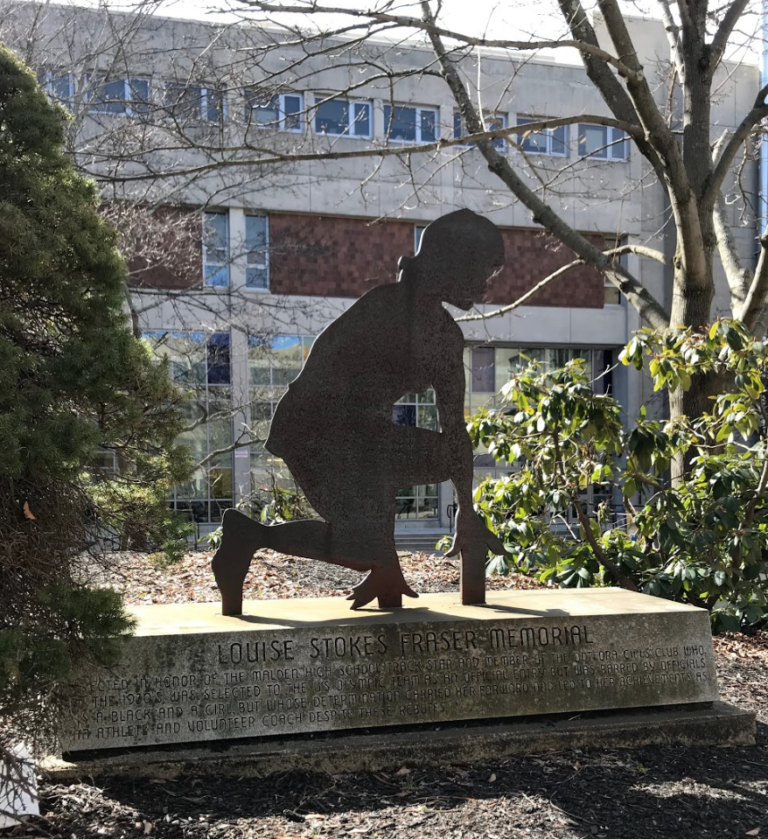 A statue of Louise Stokes Fraser highlighted in the Malden High School courtyard. Photo taken by Jesaias Benitez.