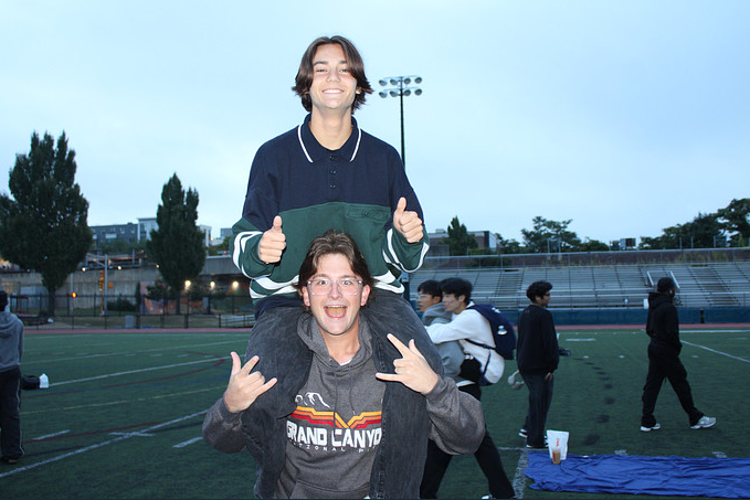 Senior Slade Harding on Bo Stead's shoulders. THOMAS TIERNEY